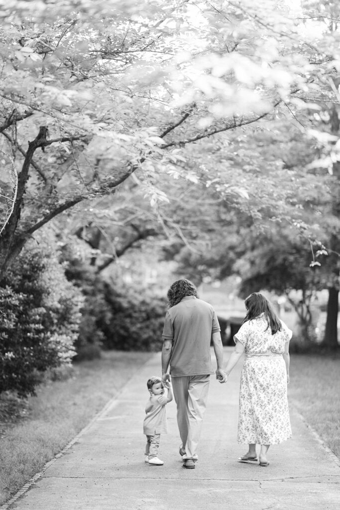 Toddler holding hands with parents during spring portrait session