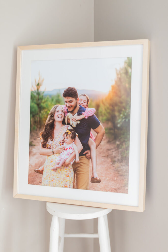 Framed family portrait displayed in their living room