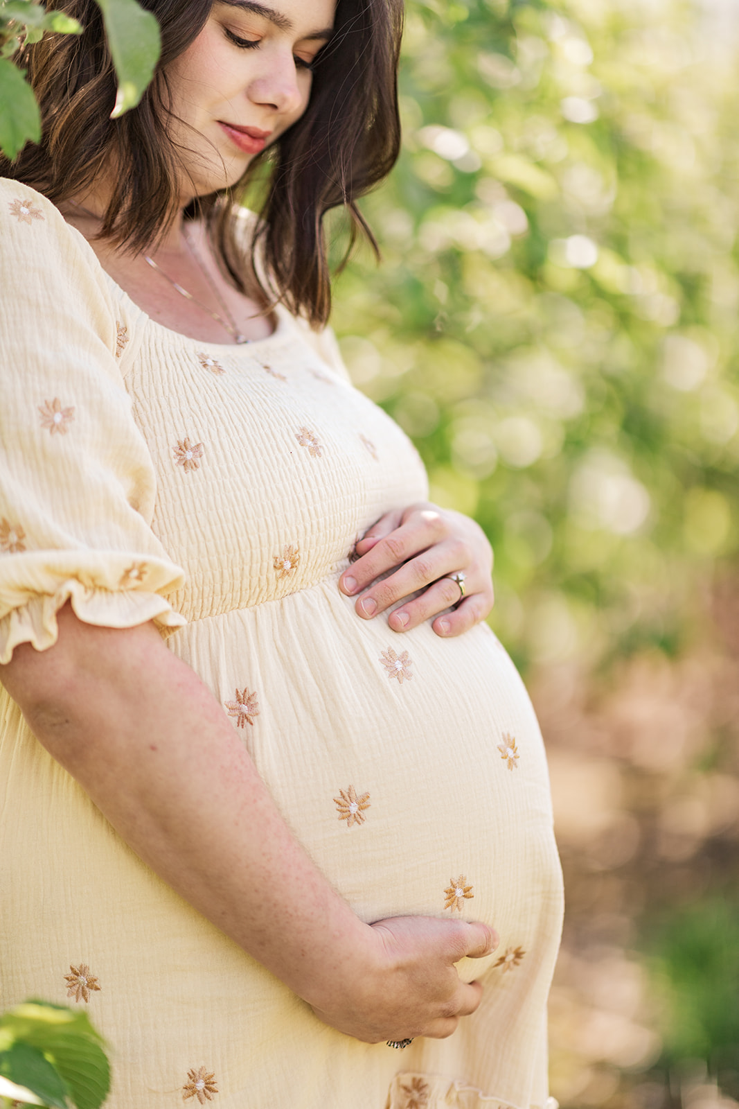 Soft, romantic maternity portrait with mountain backdrop