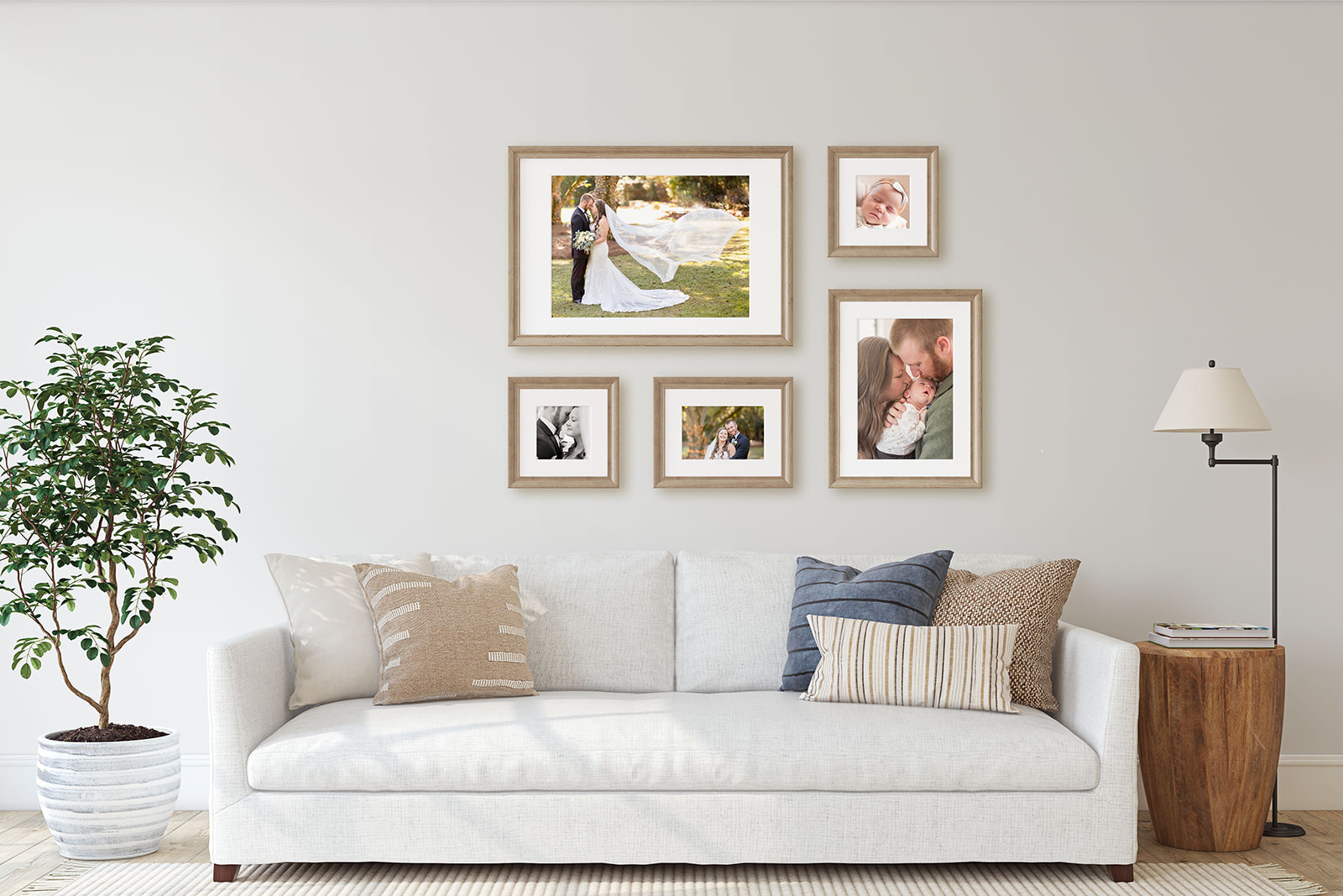 Sample gallery wall layout with five frames in a grid format