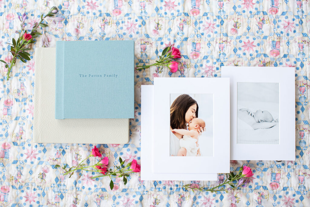 Custom blue linen heirloom album with baby’s first portraits