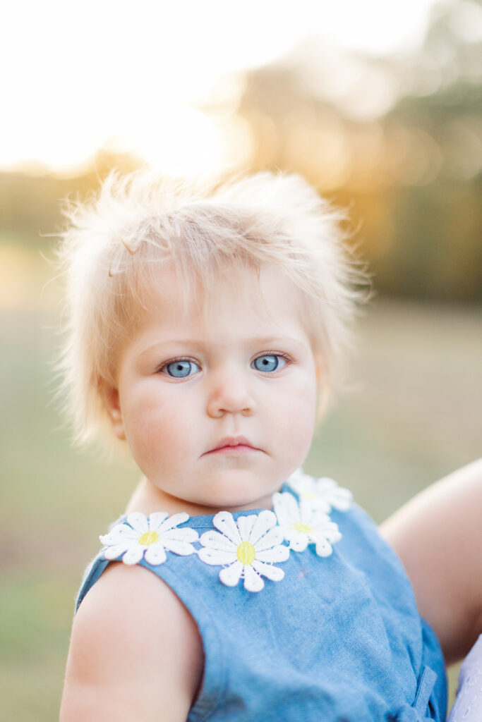 Little girl with blonde hair and blue eyes looking directly at the camera at golden hour.