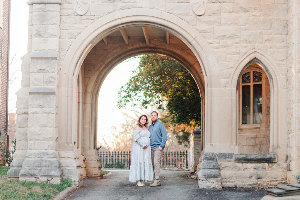 Maternity photos at Old Salem, North Carolina under beautiful architecture with Hannah Elizabeth Photography. 