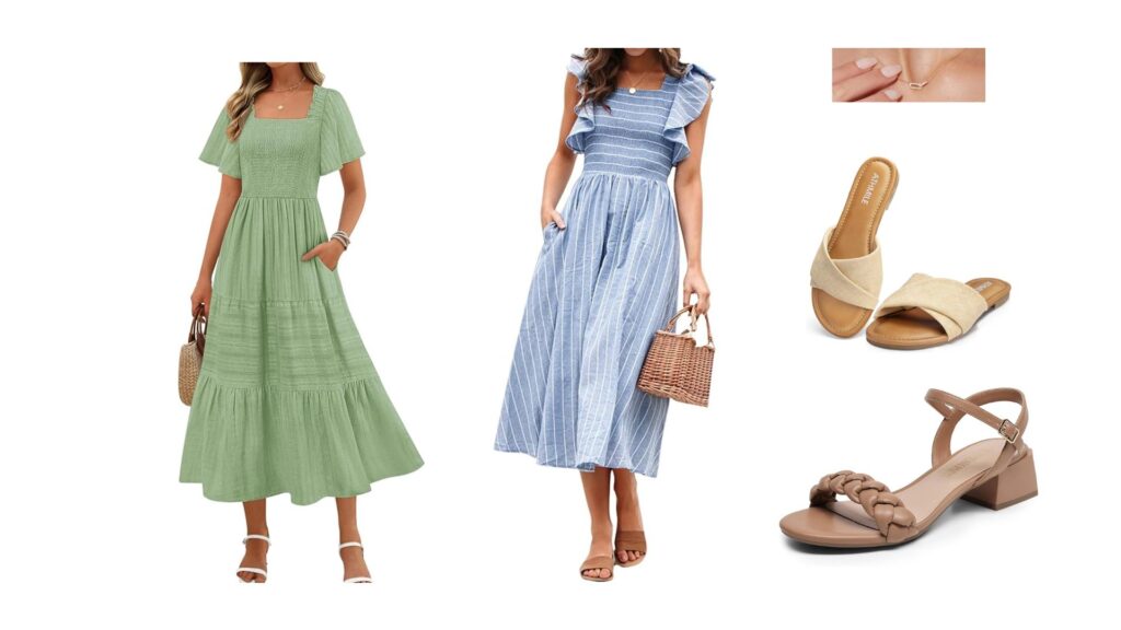 Style board showcasing a linen and cotton dress with sandals for outfit inspiration during senior photos. 