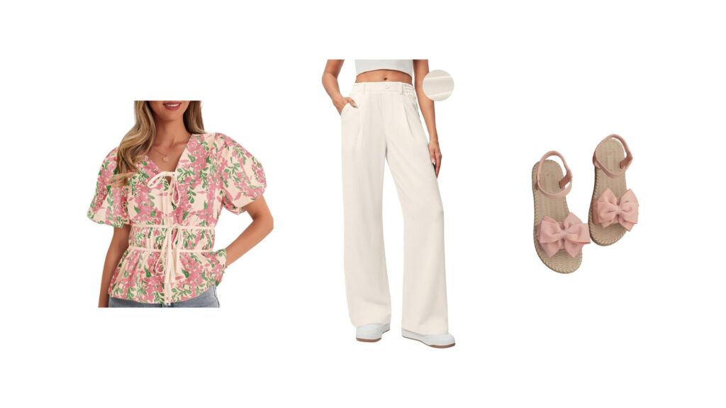 Style Board showcasing fun blouse, white trousers, and pink sandals for a unique but classic look for Senior Photos. 